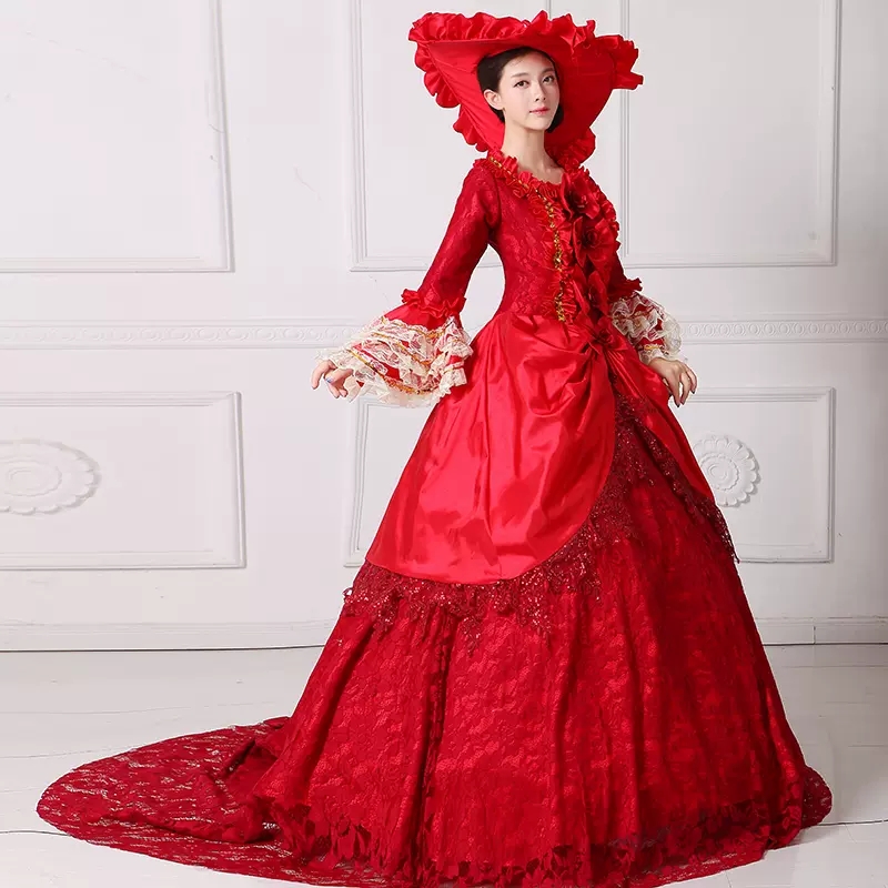 red marie antoinette dress Brand New Red Lace Printed Marie Antoinette Dress Southern Belle Victorian Period Ball Gown Reenactment Clothing