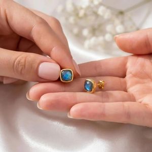 Modern Labradorite Cushion Cut <b>Stud</b> <b>Earrings</b> Natural Blue Fire Gemstone In 925 Sterling <b>Silver</b> Or 18K Gold Filled Luxury Fine - Product Image 5