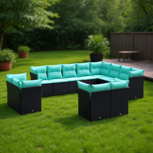 Conjunto de Sofás de Jardín de Ratán Negro con Cojines Color Verde Azulado, Muebles de Exterior para 10 Personas, Diseño Contemporáneo - Product Image 2