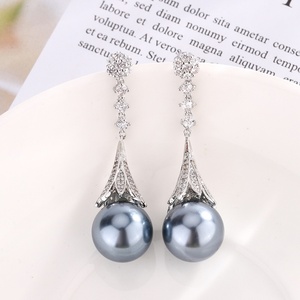 Dainty Eco-friendly Copper Wedding Tassel Pendant <b>Earrings</b> <b>Set</b> Cubic Zirconia 16-14MM Grey Shell Pearl Bridal Jewelry <b>Set</b> - Product Image 5