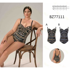 Traje de baño de una pieza HDJ Plus Size con estampado de rayas, control de abdomen y escote pronunciado BZ77111 - Product Image 1