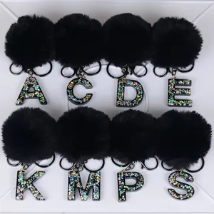 Wholesale Letter Key Chain Black Pompoms. Pompoms Pendant Resin 26 Letters Sequin Keychain Cute For Women