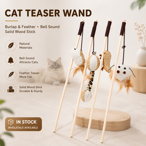 Baguette interactive pour chat avec manche en bois, plumes et clochette, <span class=keywords><strong>jouet</strong></span> <span class=keywords><strong>souris</strong></span> écologique pour l'entraînement et l'exercice des chats d'intérieur - Product Image 1