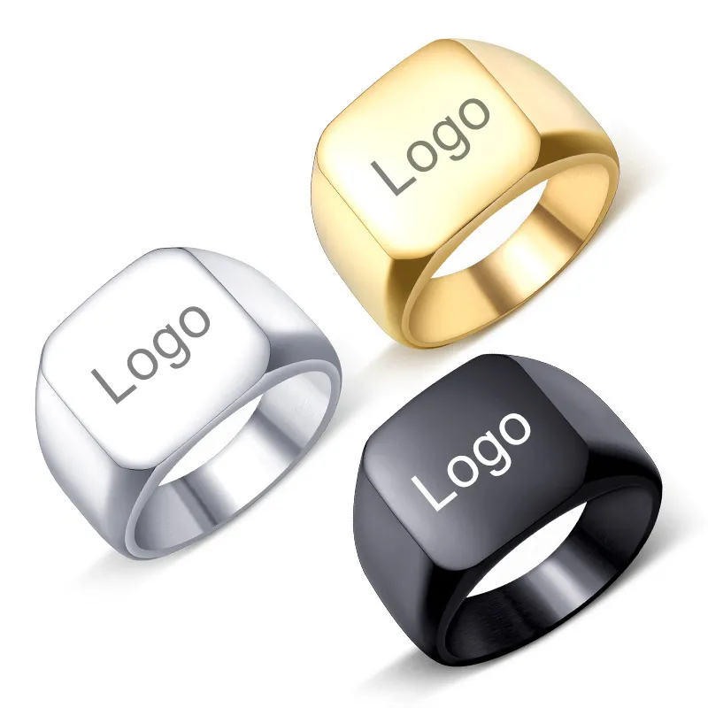 Großhandel Kunden Gravieren Logo Signet Männlichen Blank Metall Silber Ring Schwarz Gold Überzogene Titan 316l Edelstahl männer Ringe