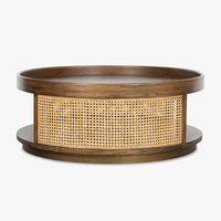 Table basse moderne et durable en bois de noyer noir écologique avec design latéral en rotin naturel tressé, mobilier de luxe pour salon