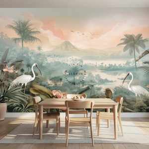 Papier peint mural traditionnel en vinyle à peler et à coller, paysage tropical paradisiaque, oiseaux exotiques, décoration murale pour la maison - Product Image 3