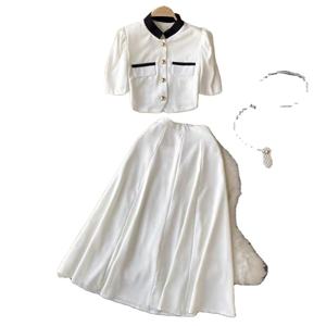 Completo Estivo da Donna Roman: Top Corto con Scollo a O e Maniche a Sbuffo, Gonna a Vita Alta in Tessuto, Fantasia Tinta Unita, in Lana Pettinata Traspirante - Product Image 3