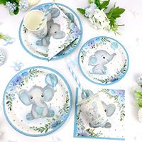 Nouveau garçon bleu éléphant thème bébé fête vaisselle ensemble bébé baptême bain décoration assiette en papier papier tasse tissu