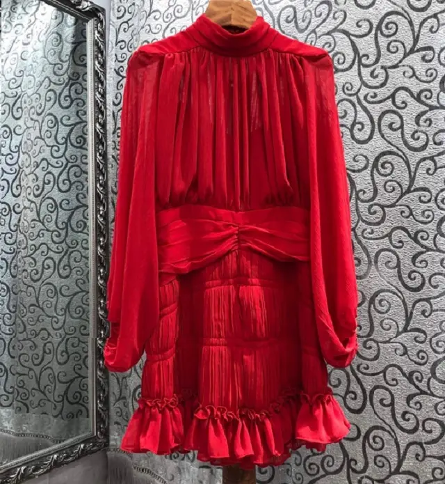 Robe rouge à la mode pour femmes, col montant, à volants plissés, manches longues, décontractée et Sexy, au-dessus du genou, à la mode, de haute qualité, nouveauté, printemps été, 2021