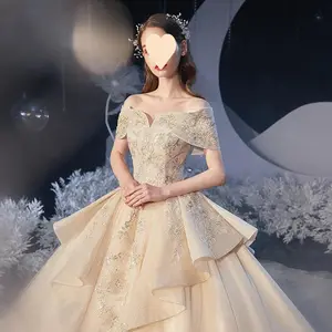 Gaun Pernikahan Pengantin Tulle Off Shoulder Elegan Gaun Putri Gaun Pernikahan Renda Mewah