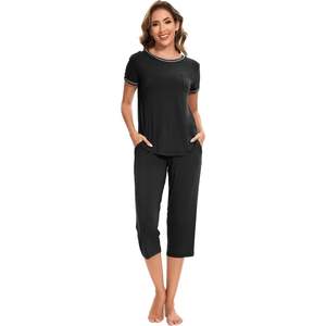 Ropa de Dormir para Mujer, Conjunto de Pijama de Viscosa de Bambú de 2 Piezas, Manga Corta, Pantalones Capri, Ropa de Dormir Suave para Mujer, Ropa de Casa, Fábrica de Ropa - Product Image 1