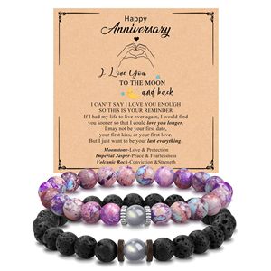 Custom 2Pcs His and Hers Distance Couple Bracelet Set Natural Stone Lava Moonstone with <strong>Valentine</strong> Anniversary <strong>Card</strong> Wholesale - Product Image 2