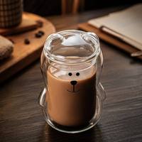 Tasse en verre borosilicate soufflé à la main en forme d'ours, à double paroi isolante, avec couvercle en forme d'ours, design bicolore, pour thé au lait et café