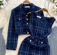 Ensemble Deux Pièces Chic Automne-Hiver : Veste en Tweed à Manches Longues avec Ceinture, Gilet et Robe Moulante