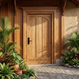 Una lujosa puerta frontal de teca maciza con un arco superior, adornada con impresionantes motivos florales tallados a mano. - Product Image 6