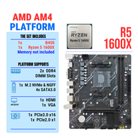 Set Kombo Mainboard B450 AM4 BARU AMD Ryzen 5 1600X dengan XMP 2X DDR4 DIMM M.2 NVME GEN3X4 SATA3.0 USB3.0 Motherboard B450
