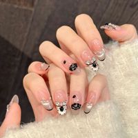 TSZS Faux Ongles Longs de Luxe à Coller, Forme Cercueil, French, Nœud Papillon Noir, Perles et Pois, Faits Main, Réutilisables
