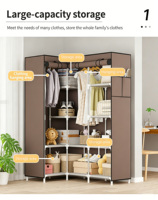 Grande armoire d'angle spacieuse en L, rangement de vêtements multi-niveaux, armoire portable avec housse anti-poussière
