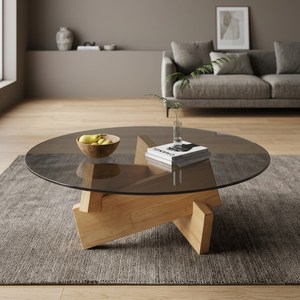 Table basse ronde moderne avec plateau en verre trempé et base en bois, design minimaliste, meubles de salon - Product Image 2