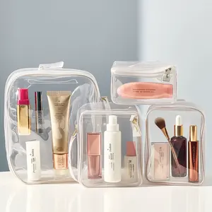 Bolsa de maquillaje transparente con logotipo personalizado para mujer, neceser cosmético de belleza con brocha de maquillaje de Pu transparente de Pvc para mujer