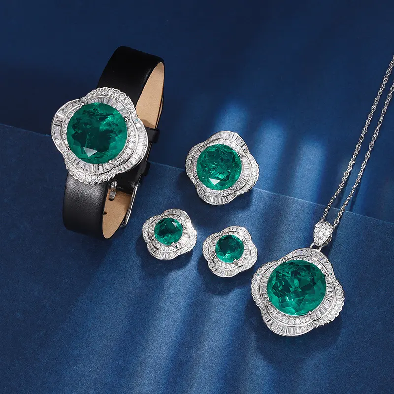 Luxury Green Fusion Stone Zircon Flower Pendant Necklace Earrings Ring PU Leather Bracelet 4 Pieces Women Wedding Jewelry Set