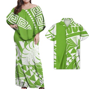 Ropa de pareja de gran oferta OEM, vestido de noche para mujer, camisa a juego para hombre, estampado de patrón polinesio, vestido blanco elegante para mujer - Product Image 4