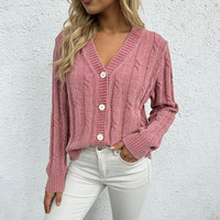 Cardigan élégant rose en maille torsadée à col en V pour femme, pull court à boutonnage simple, haut ajusté à ourlet côtelé, OEM/ODM