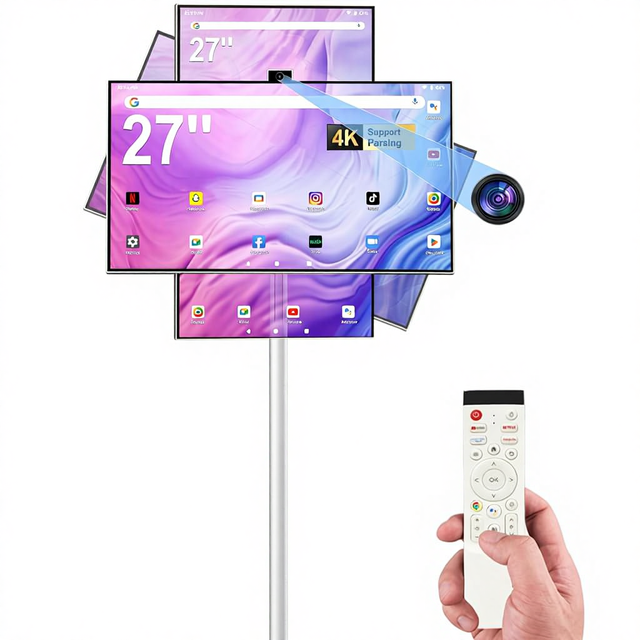 27" FHD Smart Portable Rolling TV Wheels Android 15 OS 6G+128GB Storage Touch Screen Monitor 13MP Camera Built-in Battery 60Hz