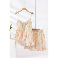 Pyjama d'été floral en pur coton sans col pour femme, ensemble caraco et short avec coussinets de poitrine, en gaze fine 121-140g/m, tenue d'intérieur douce