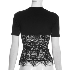 Camiseta de encaje para mujer con contraste, manga corta, top ajustado con dobladillo a la moda - Product Image 6