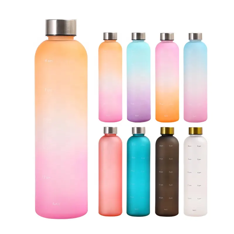 맞춤형 BPA 프리 플라스틱 친환경 물병 작은 입 상단 판매자 32 oz 시간 마커가 있는 동기 부여 물병