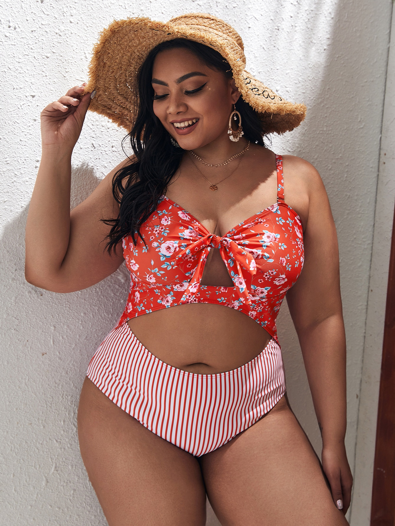2022 new summer swimsuit women's one-piece printed bow Bikini Large fat woman fat m200 kg swimsuit
