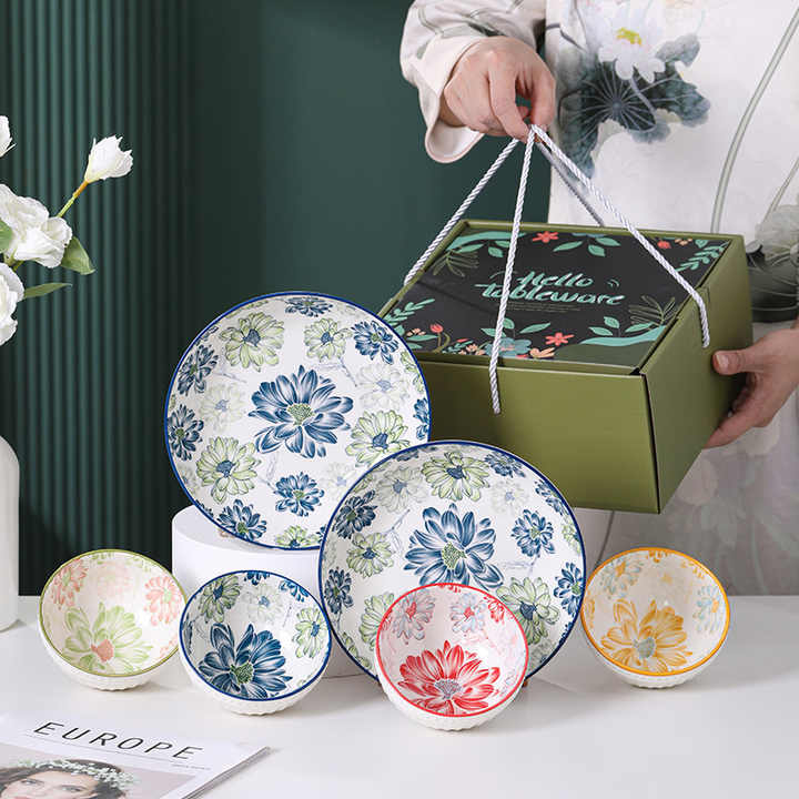 4.5inch Bohemian Ceramic Bowls with Plates Chopsticks Set Moroccan Porcelain Bowl Set Rice Bowl for Gift OEM LOGO