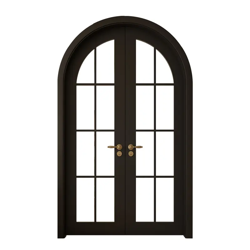 Custom solid wood paint double doors Black French retro style bedroom room circular arched door