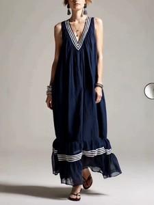 Nuevo <span class=keywords><strong>Vestido</strong></span> Maxi <span class=keywords><strong>Azul</strong></span> <span class=keywords><strong>Marino</strong></span> sin Mangas para Mujer con Ribete <span class=keywords><strong>de</strong></span> <span class=keywords><strong>Rayas</strong></span> Blancas, Cuello en V, Dobladillo con Volantes en Capas, Ajuste Holgado Informal, <span class=keywords><strong>Vestido</strong></span> <span class=keywords><strong>de</strong></span> Playa - Product Image 5