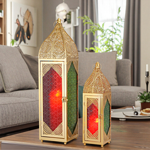 Juego de 2 Faroles de Vela Dorados Estilo Marroquí para Interiores con Vidrio de <span class=keywords><strong>Colores</strong></span> para Decoración Festiva - Product Image 4