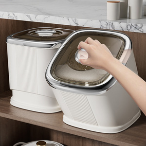 Rice Storage Container 20kg Rectangle White With Silver Plating Sealed Lid For Home Use - Product Image 1