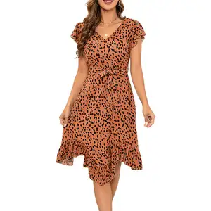 Châu Âu Mỹ Thời Trang Phụ Nữ Một Mảnh Ăn Mặc Của Đầu Gối Chiều Dài Giản Dị Mùa Hè Leopard Dress