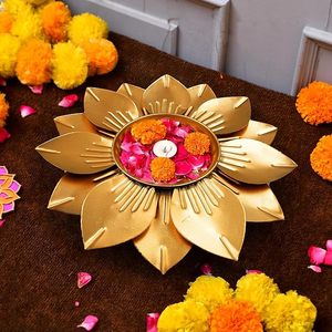 Handcrafted Golden Lotus Urli Bowl <b>Floating</b> Flowers Tea Light <b>Holder</b> with Lid Metal Centerpiece Easter & Christmas Home Decor - Product Image 3
