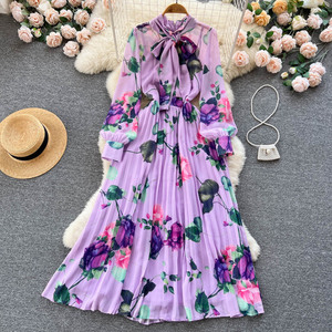 Abito Lungo Floreale da Donna Stile Retrò con Colletto, Ideale per Feste Autunnali e Vacanze - Product Image 1