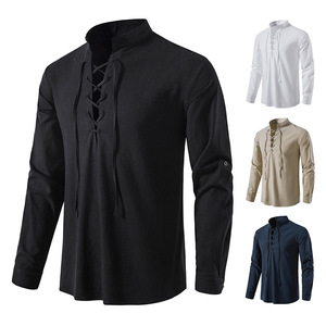 <span class=keywords><strong>Camisa</strong></span> Henley de Manga Larga de <span class=keywords><strong>Lino</strong></span> y Algodón para Hombre 2025, Estilo Hippie Casual de Playa con Cuello Alto, Nueva Llegada en <span class=keywords><strong>Amazon</strong></span>, Talla Europea - Product Image 4