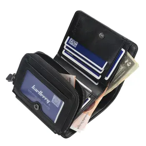 三つ折り革メンズ財布財布卸売バックルジッパーコインポケットウォレットrfidブロッキングスリムブラックカードホルダーウォレット