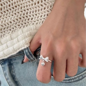 S925 Sterling Silver Bowknot <b>Ring</b> With Heart Charm <b>Open</b> Design For Women Index Finger Jewelry Everyday Wear - Product Image 1
