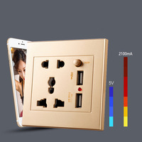 Prise murale universelle double pôle 5 broches durable avec double port USB et barrières de sécurité LED 10A 250V