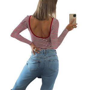 <span class=keywords><strong>Camiseta</strong></span> de Manga Larga <span class=keywords><strong>con</strong></span> Espalda Descubierta y Rayas en Contraste, Estilo Y2K, Elegante y Casual para <span class=keywords><strong>Mujer</strong></span>, Moda Europea y Americana - Product Image 3