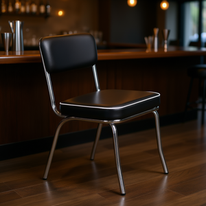 Chaise de bar rembourrée noire avec structure chromée, design moderne du milieu du siècle, mobilier pour bar à domicile et usage commercial - Product Image 2