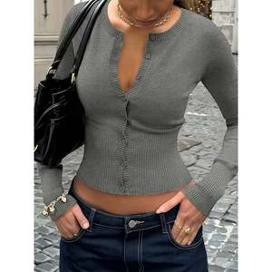 Ribbed V Neck Fitted <b>Cardigan</b> <b>Black</b> Women's <b>Cardigan</b> - Product Image 1