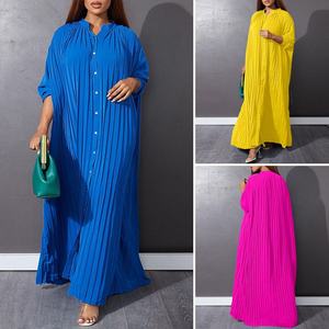 Y7017 Hot-Bán Dài Dresses Phụ Nữ Giản Dị Duy Nhất Ngực Dài Tay Áo Đứng Cổ Áo Pleated Maxi Dress Phụ Nữ Cộng Với Kích Thước Dresses - Product Image 2