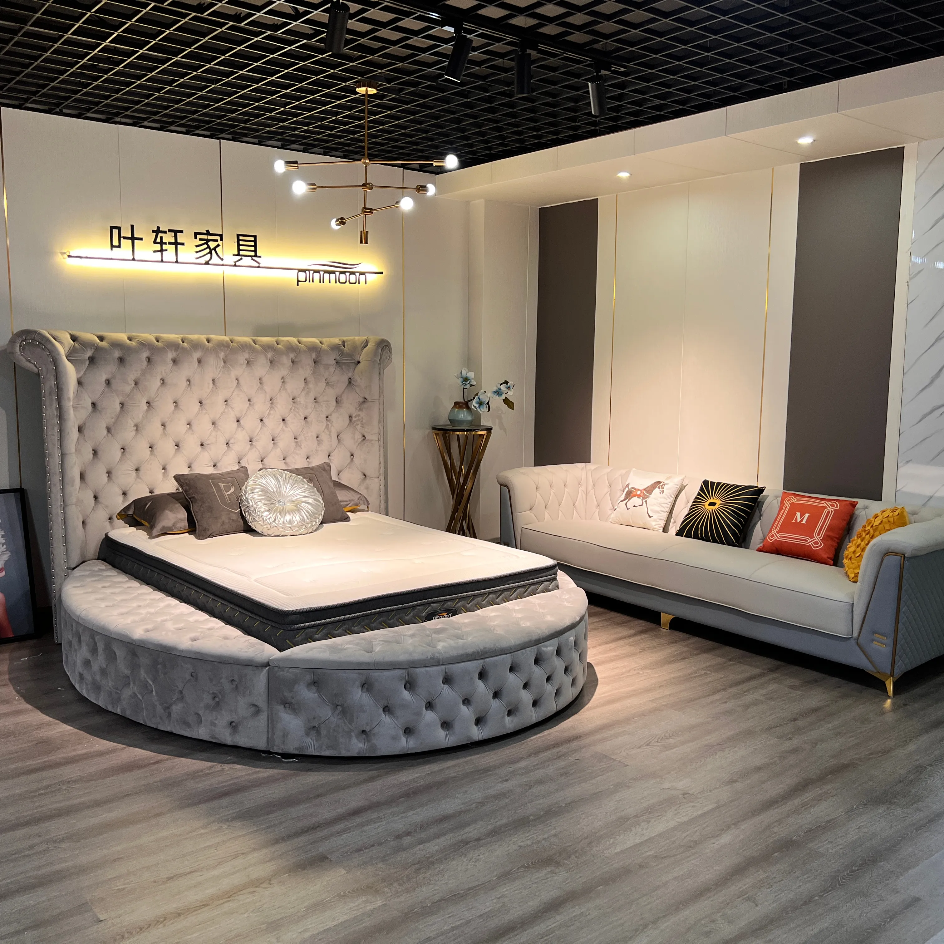 높은 침대 헤드 최대 holstered 침대 더블 킹 사이즈 호텔 럭셔리 서클 스토리지 침실 가구 라운드 침대
