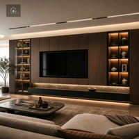 XINGRUO Unit TV Modern dengan Lemari Pajangan Kaca, Konsol Penyimpanan Ruang Tamu dengan Finishing Kayu Gelap dan Lampu LED